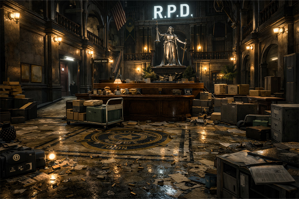Glavni hol Raccoon Police Department sa statuom boginje pravde tokom Leon dolaska u Raccoon City