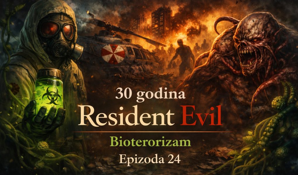 Bioterorizam u resident evil univerzumu prikazan kroz apokaliptični grad, B.O.W. stvorenje i zaražene, deo šireg Resident Evil timeline narativa o globalnom bioterorizmu
