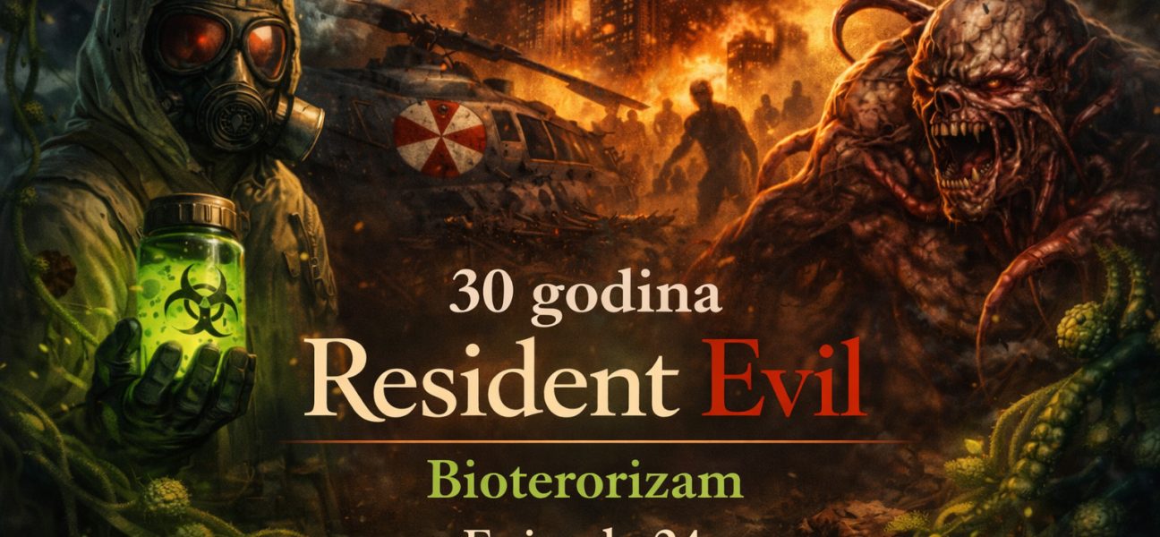 Bioterorizam u resident evil univerzumu prikazan kroz apokaliptični grad, B.O.W. stvorenje i zaražene, deo šireg Resident Evil timeline narativa o globalnom bioterorizmu