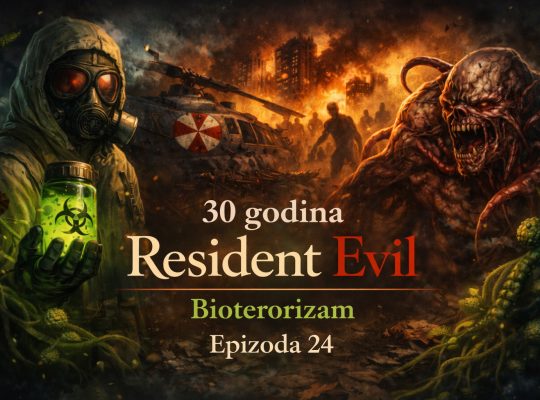 Bioterorizam u resident evil univerzumu prikazan kroz apokaliptični grad, B.O.W. stvorenje i zaražene, deo šireg Resident Evil timeline narativa o globalnom bioterorizmu
