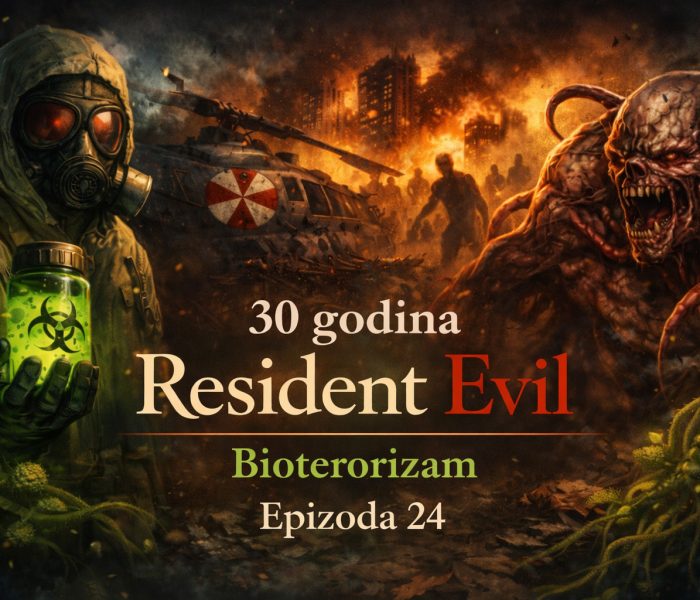 Bioterorizam u resident evil univerzumu prikazan kroz apokaliptični grad, B.O.W. stvorenje i zaražene, deo šireg Resident Evil timeline narativa o globalnom bioterorizmu