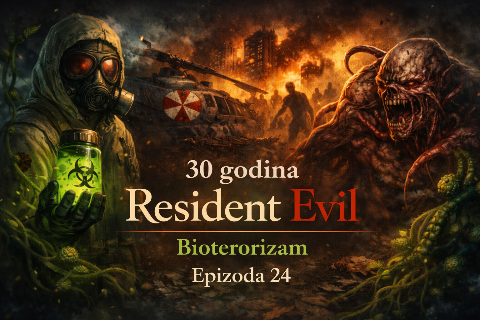 Bioterorizam u resident evil univerzumu prikazan kroz apokaliptični grad, B.O.W. stvorenje i zaražene, deo šireg Resident Evil timeline narativa o globalnom bioterorizmu