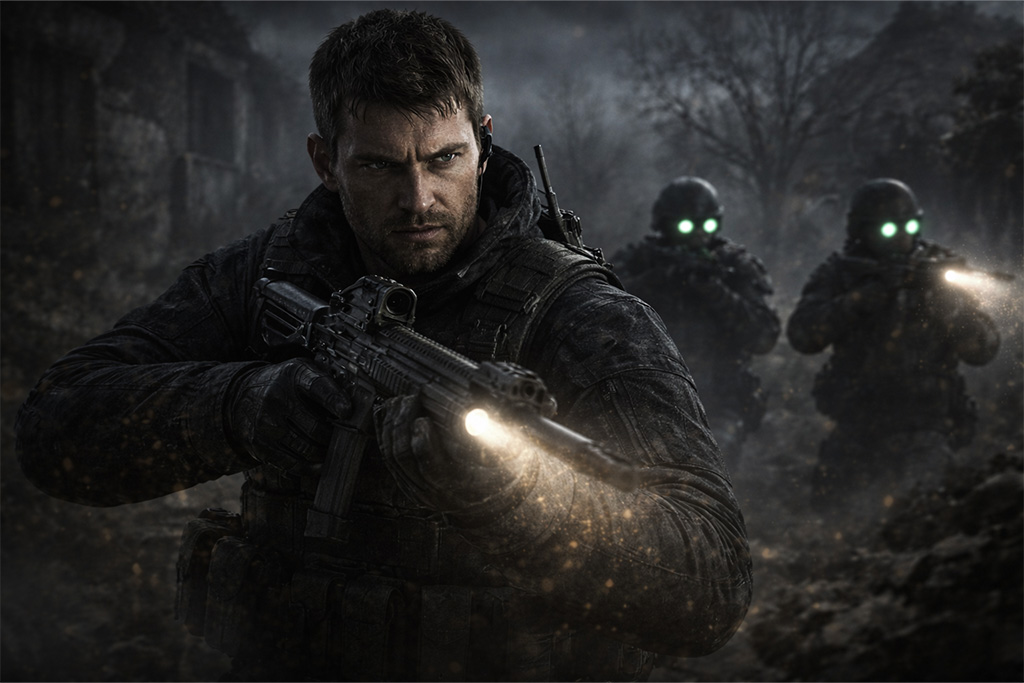 Chris Redfield u Resident Evil 8 Village tokom tajne operacije, mračna scena iz Resident Evil timeline sa BSAA timom u selu