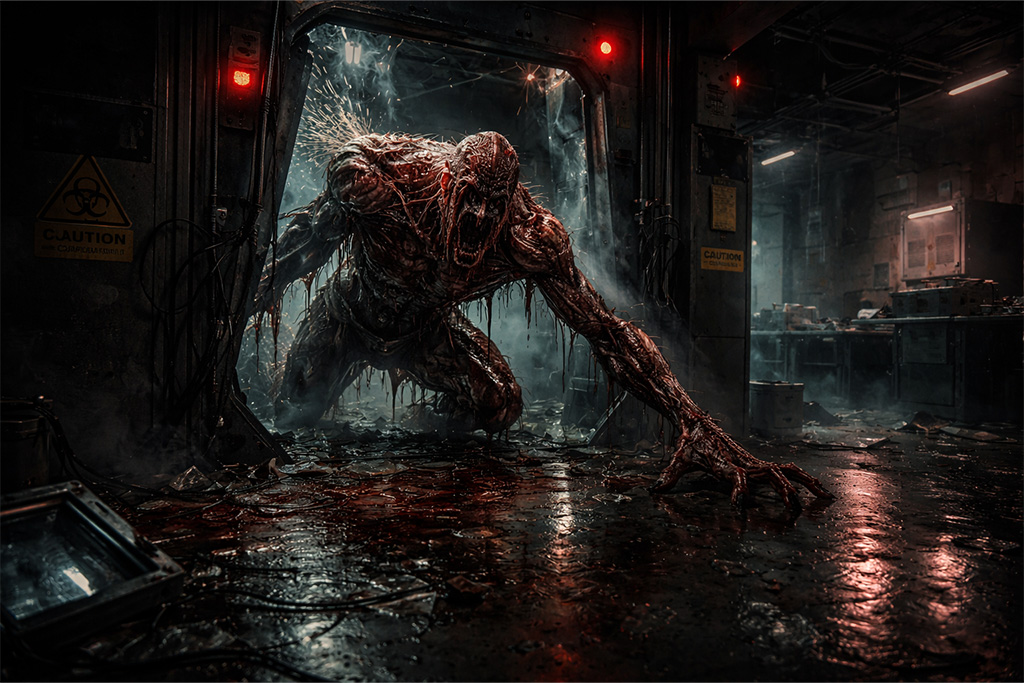 Claire put kroz Umbrella laboratoriju gde groteskna bioweapon mutacija izlazi iz razbijene istraživačke komore u Resident Evil serijalu
