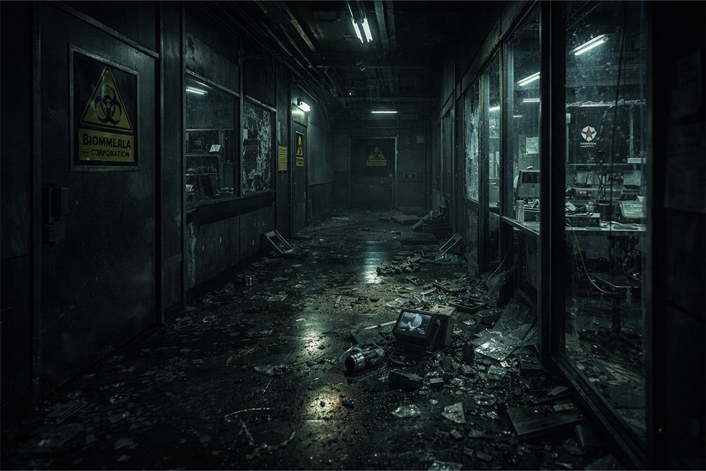 Claire put kroz podzemnu Umbrella laboratoriju ispod Raccoon Cityja sa razbijenom opremom i biohazard upozorenjima u Resident Evil serijalu