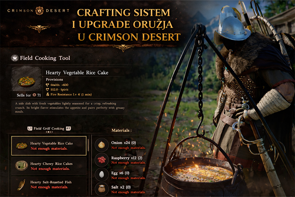 Crimson Desert crafting sistem i upgrade oružja u Crimson Desert prikaz kuvanja i unapređenja opreme kroz gameplay mehanike i interfejs igre