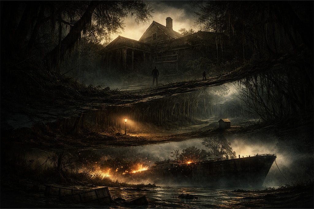Hronologija baker incident u resident evil timeline kroz slojevitu scenu močvare, kuće i tanker nesreće, resident evil hronologija baker incident prikaz