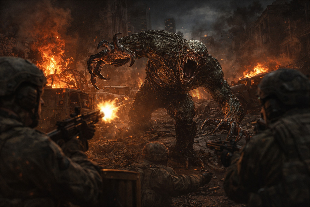 Hunter B.O.W stvorenje napada vojnike na zapaljenoj ulici Raccoon Cityja, bio-oružje razvijeno u NEST laboratoriji tokom događaja iz Resident Evil timeline.
