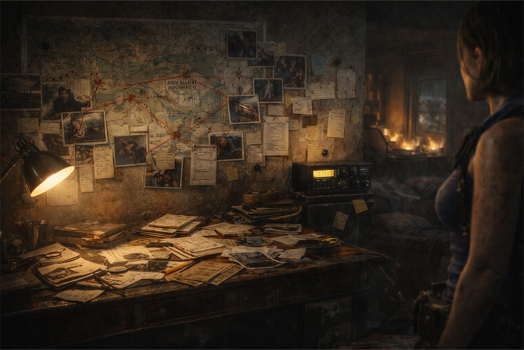 Jillin stan pretvoren u istražni centar sa mapom Arklay Mountains, policijskim dosijeima i radio prijemnikom – Resident Evil