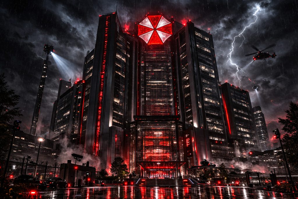 Kako je Umbrella Corporation postala globalna sila pre Pada Umbrelle prikazano kroz sedište korporacije u noći, deo priče iz Resident Evil timeline