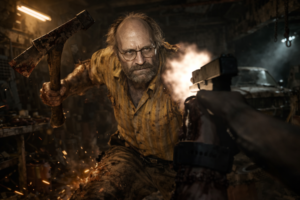 ključni sukobi tokom incidenta ethan vs jack baker u garaži u resident evil timeline, ethan cilja pištoljem dok jack baker napada sekirom u klaustrofobičnoj garaži