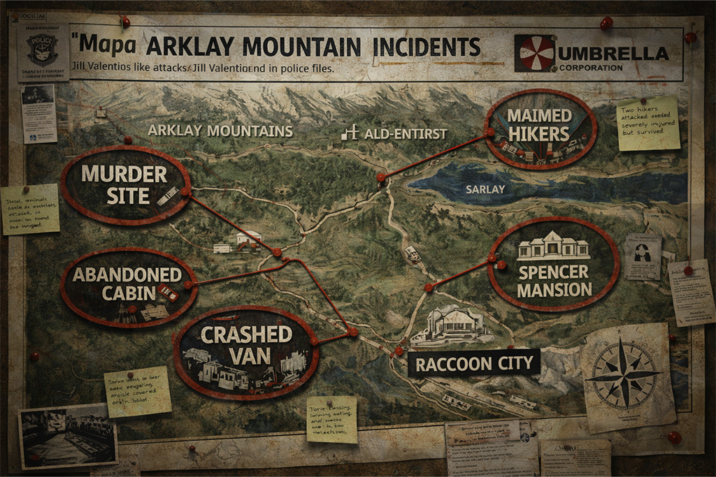 Mapa Arklay planina Resident Evil timeline – označeni incidenti koje je Jill Valentine pronašla u policijskim dosijeima