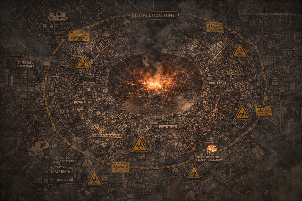 Mapa nuklearnog kraja Raccoon Cityja sa epicentrom eksplozije i NEST laboratorijom u Resident Evil timeline