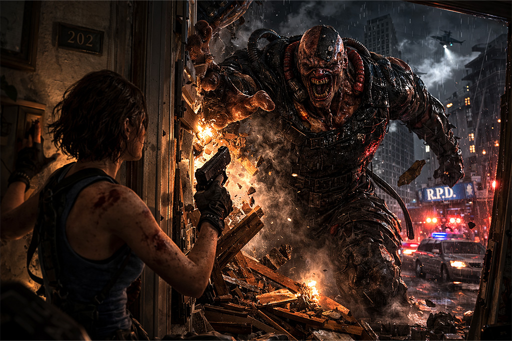 Nemesis napada Jill Valentine u njenom stanu u Raccoon Cityju Resident Evil timeline