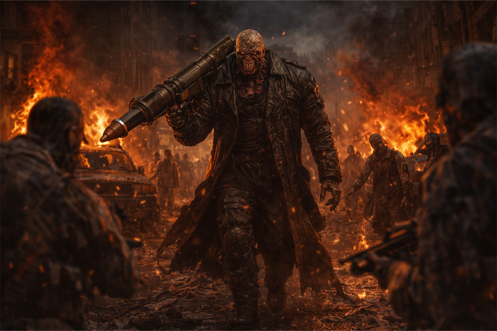 Nemesis Tyrant sa raketnim bacačem hoda kroz zapaljeni Raccoon City dok zombiji okružuju ulicu, B.O.W projekat povezan sa NEST laboratorijom u okviru Resident Evil timeline.
