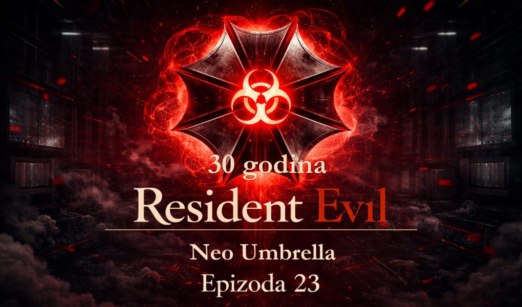 Neo Umbrella organizacija u Resident Evil timeline prikazana kroz futuristički logo i bioterorističku simboliku Neo Umbrella organizacija u mračnom okruženju