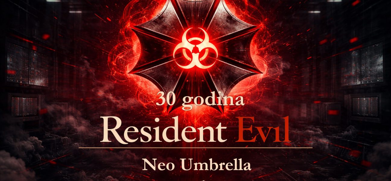 Neo Umbrella organizacija u Resident Evil timeline prikazana kroz futuristički logo i bioterorističku simboliku Neo Umbrella organizacija u mračnom okruženju