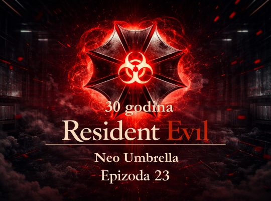 Neo Umbrella organizacija u Resident Evil timeline prikazana kroz futuristički logo i bioterorističku simboliku Neo Umbrella organizacija u mračnom okruženju