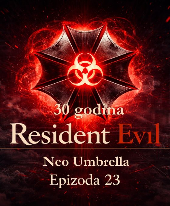 Neo Umbrella organizacija u Resident Evil timeline prikazana kroz futuristički logo i bioterorističku simboliku Neo Umbrella organizacija u mračnom okruženju