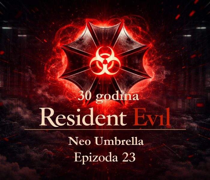 Neo Umbrella organizacija u Resident Evil timeline prikazana kroz futuristički logo i bioterorističku simboliku Neo Umbrella organizacija u mračnom okruženju