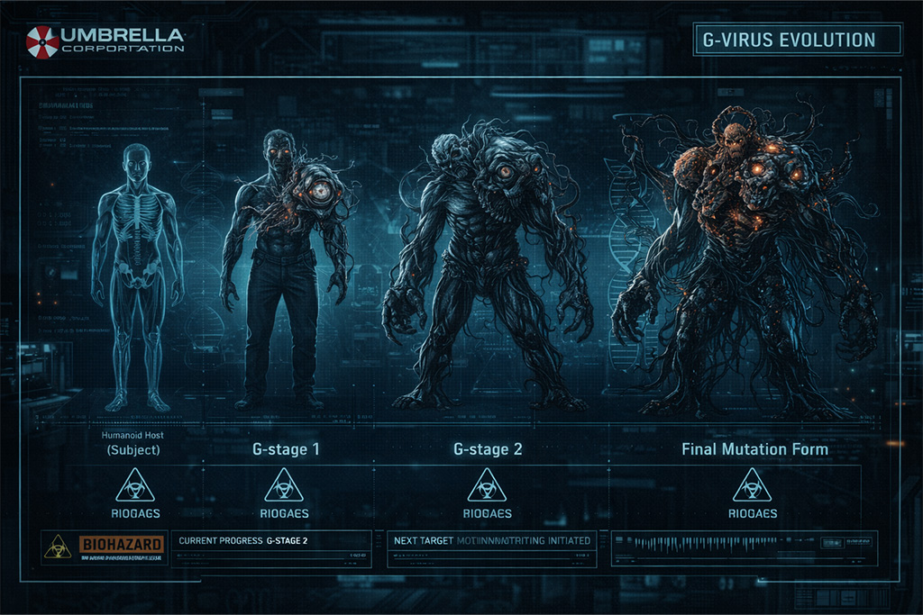 NEST laboratorija dijagram evolucije G-virusa i mutacionih faza u Resident Evil timeline priči