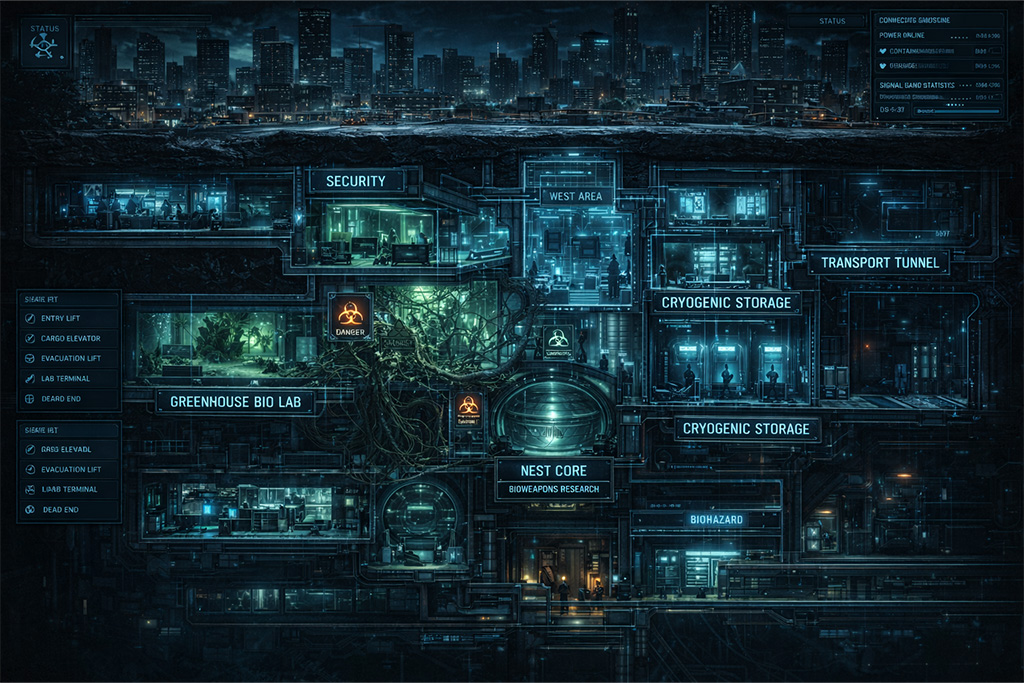 NEST laboratorija mapa sektora podzemnog kompleksa u Resident Evil timeline priči