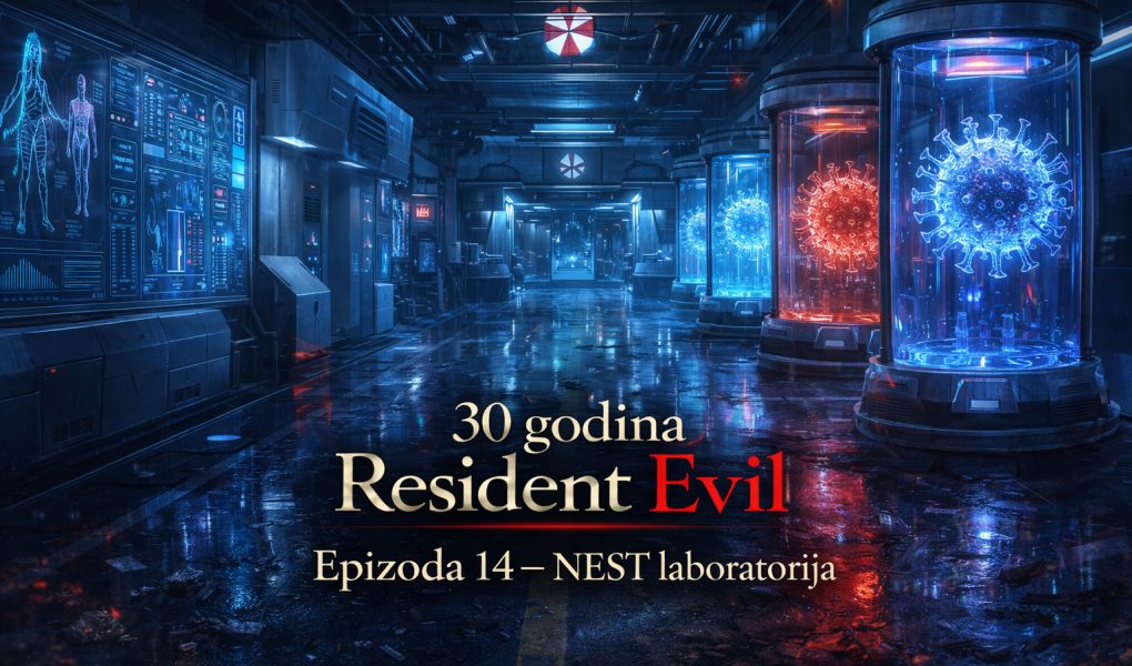 NEST laboratorija Resident Evil u Raccoon Cityju, futuristički Umbrella laboratorijski kompleks iz Resident Evil timeline priče sa kapsulama za virusne eksperimente