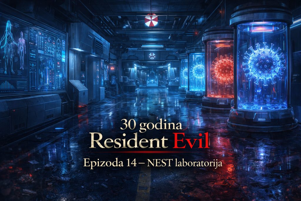 NEST laboratorija Resident Evil u Raccoon Cityju, futuristički Umbrella laboratorijski kompleks iz Resident Evil timeline priče sa kapsulama za virusne eksperimente