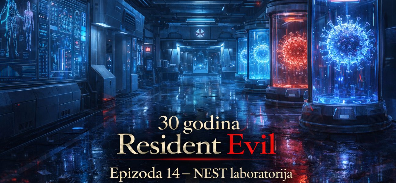 NEST laboratorija Resident Evil u Raccoon Cityju, futuristički Umbrella laboratorijski kompleks iz Resident Evil timeline priče sa kapsulama za virusne eksperimente