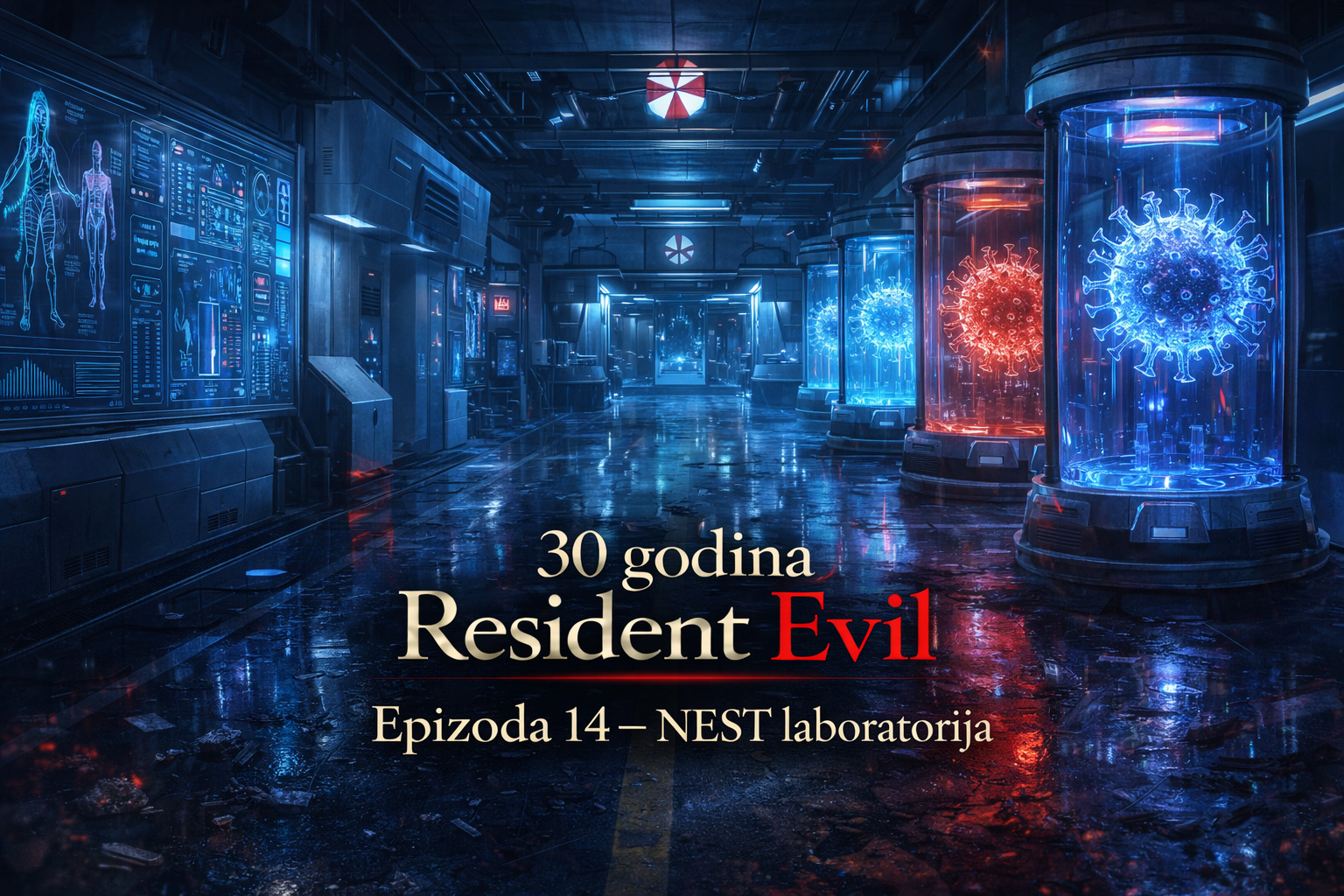 NEST laboratorija Resident Evil u Raccoon Cityju, futuristički Umbrella laboratorijski kompleks iz Resident Evil timeline priče sa kapsulama za virusne eksperimente
