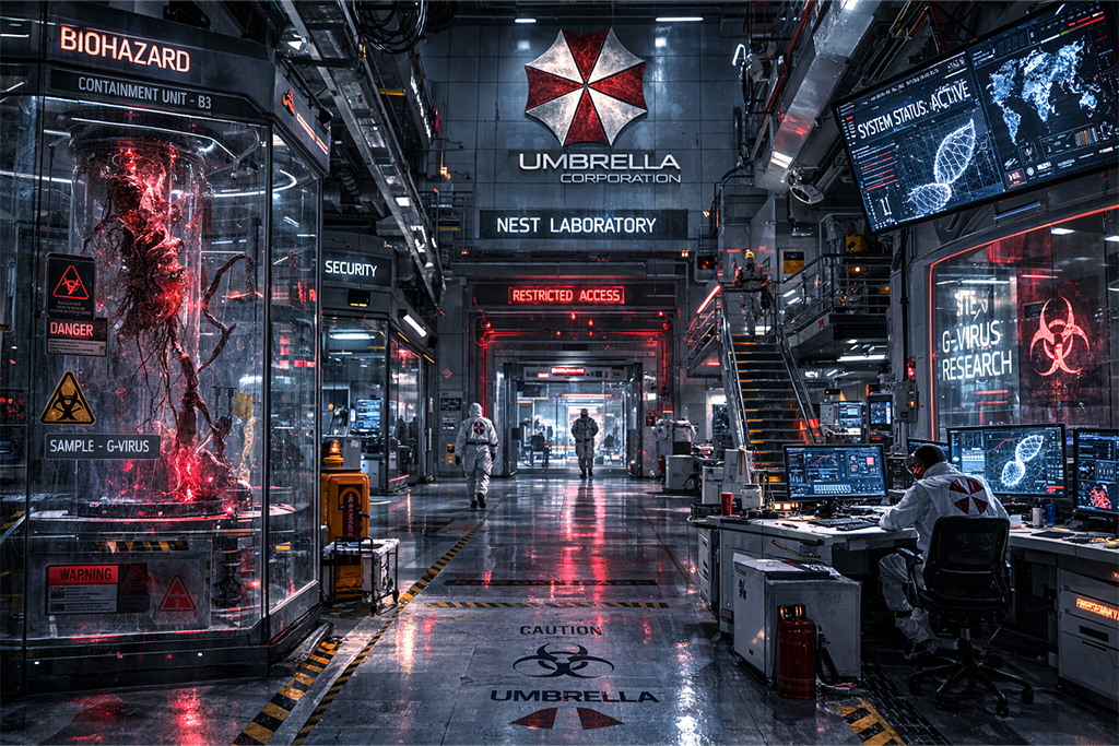 NEST laboratorija iz Resident Evil timeline univerzuma, futuristički Umbrella biohazard istraživački kompleks sa sterilnim hodnicima, staklenim laboratorijama i G-virus eksperimentima