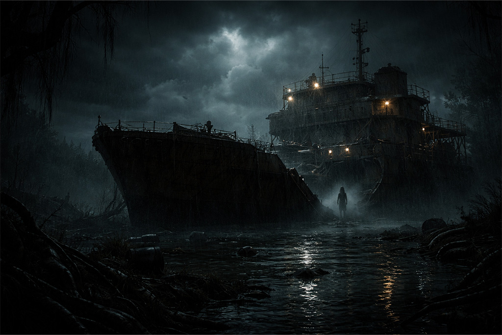 nestanak mie winters na napuštenom tanker brodu u resident evil timeline, mračna močvara i silueta devojčice u resident evil nestanak mie winters sceni