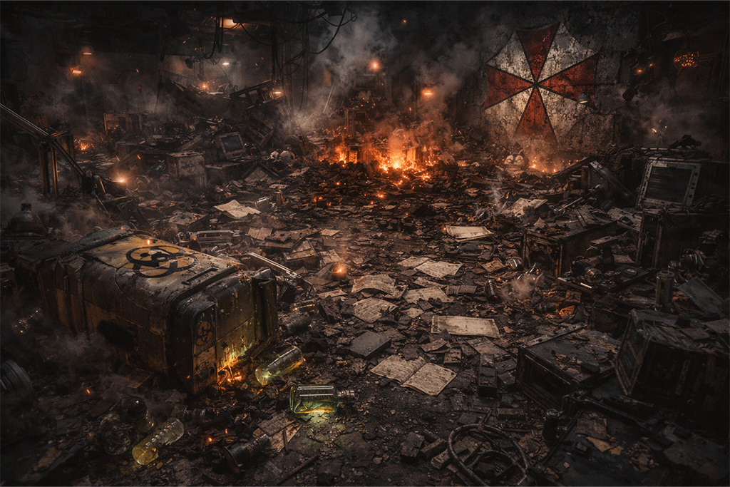 Ruševine Umbrella NEST laboratorije nakon katastrofe u Raccoon Cityju gde Nuklearni kraj uništava tajni istraživački kompleks u okviru Resident Evil timeline.