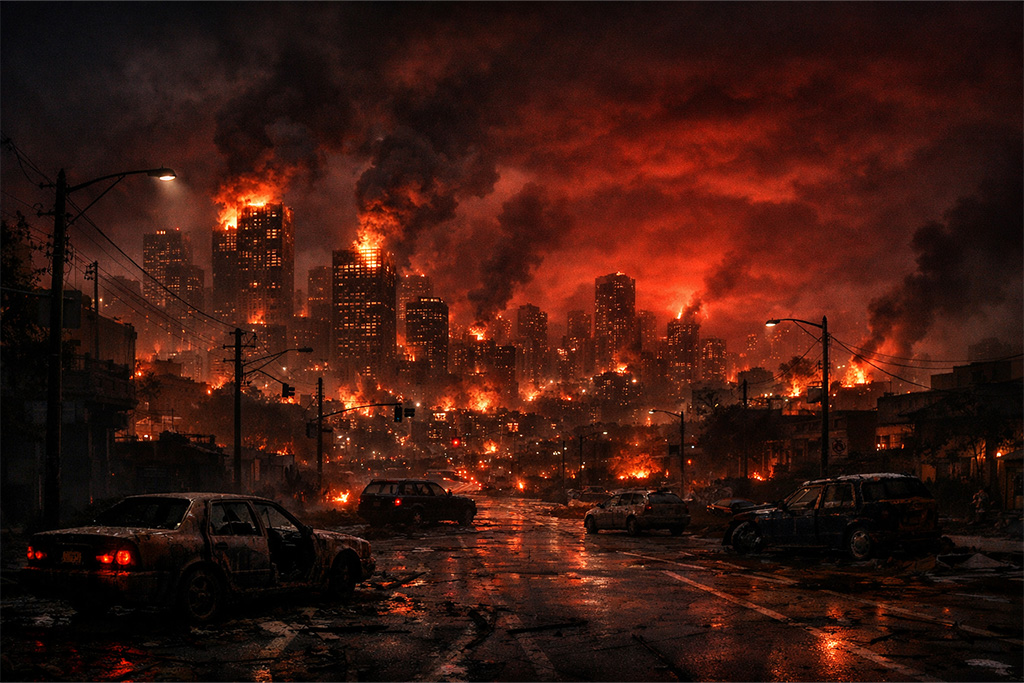Nuklearni kraj Raccoon Cityja dok grad gori iznad tajne NEST laboratorije, događaj koji zatvara poglavlje katastrofe u okviru Resident Evil timeline priče.
