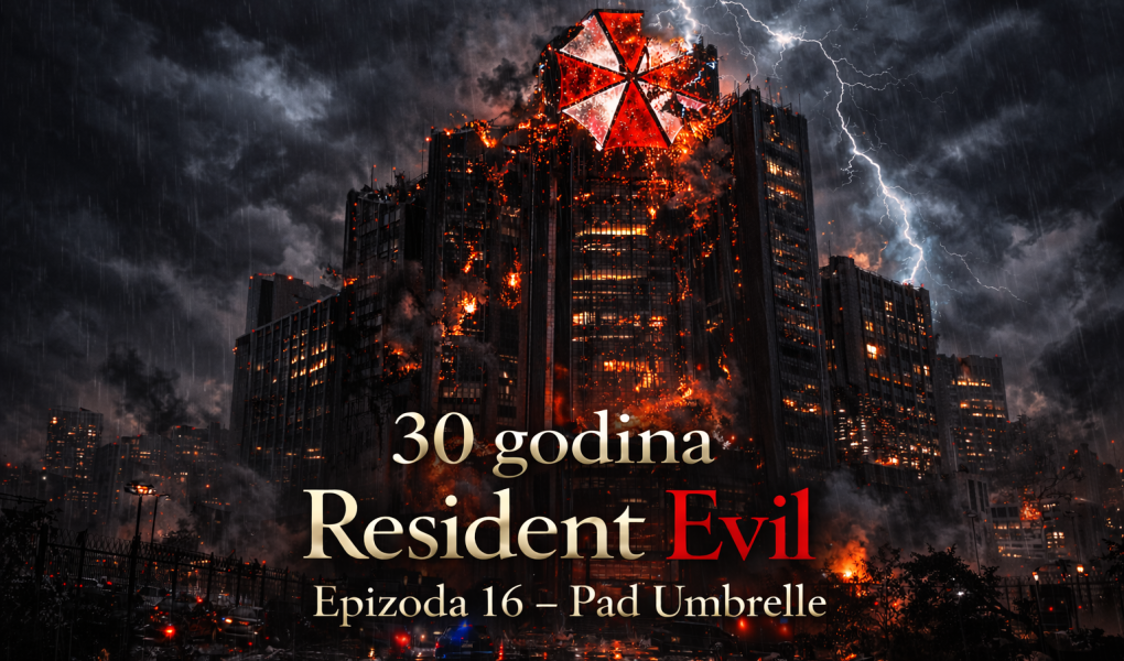 Pad Umbrella - uništenje sedišta Umbrella Corporation tokom događaja iz Resident Evil timeline, apokaliptična scena goruće korporacije i raspada biološkog imperija