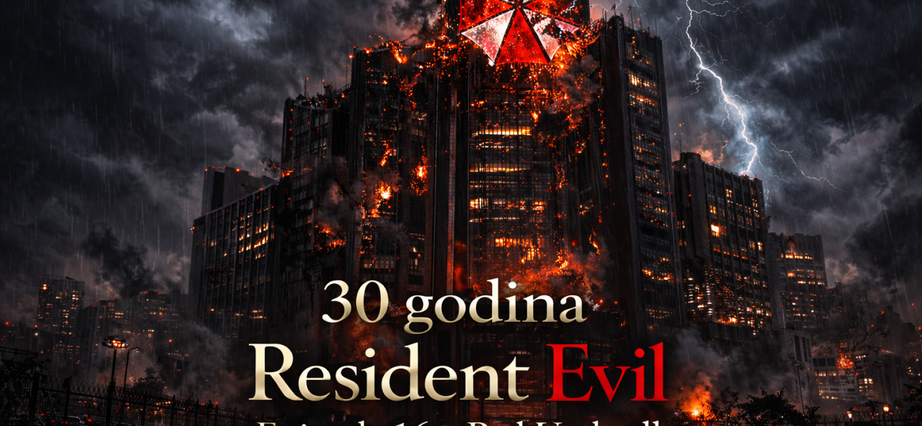 Pad Umbrella - uništenje sedišta Umbrella Corporation tokom događaja iz Resident Evil timeline, apokaliptična scena goruće korporacije i raspada biološkog imperija
