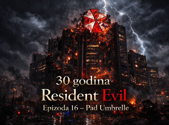 Pad Umbrella - uništenje sedišta Umbrella Corporation tokom događaja iz Resident Evil timeline, apokaliptična scena goruće korporacije i raspada biološkog imperija