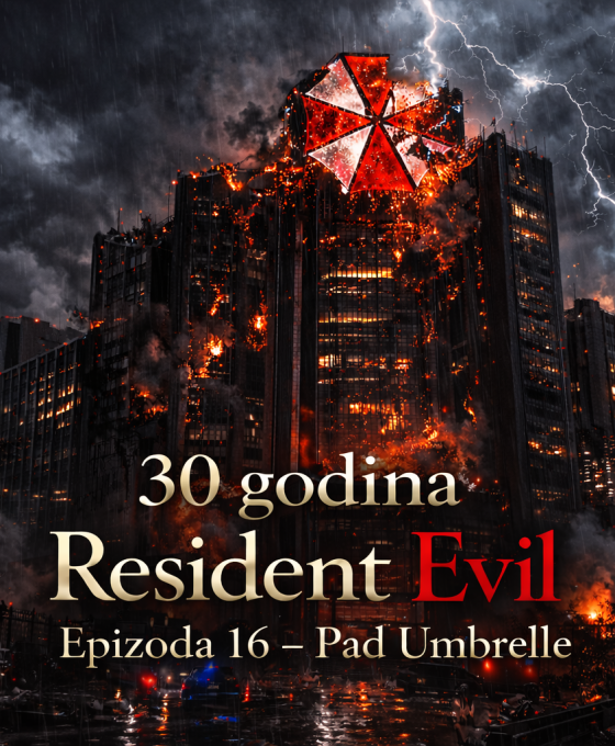 Pad Umbrella - uništenje sedišta Umbrella Corporation tokom događaja iz Resident Evil timeline, apokaliptična scena goruće korporacije i raspada biološkog imperija