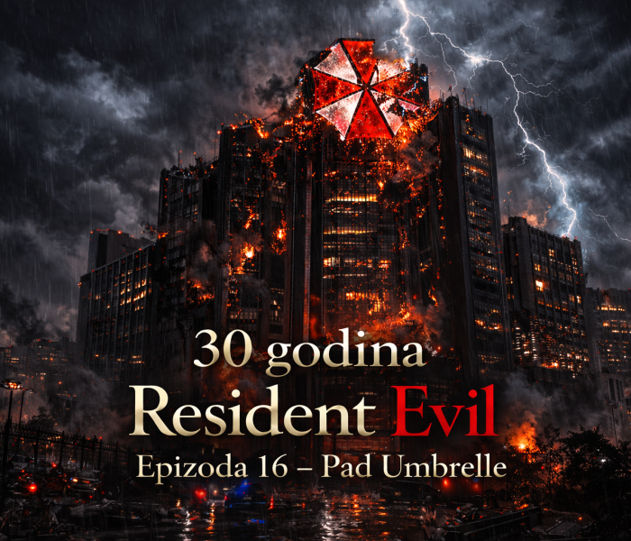 Pad Umbrella - uništenje sedišta Umbrella Corporation tokom događaja iz Resident Evil timeline, apokaliptična scena goruće korporacije i raspada biološkog imperija
