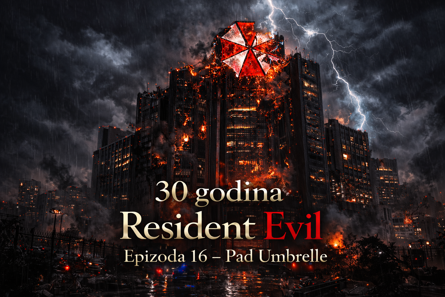 Pad Umbrella - uništenje sedišta Umbrella Corporation tokom događaja iz Resident Evil timeline, apokaliptična scena goruće korporacije i raspada biološkog imperija
