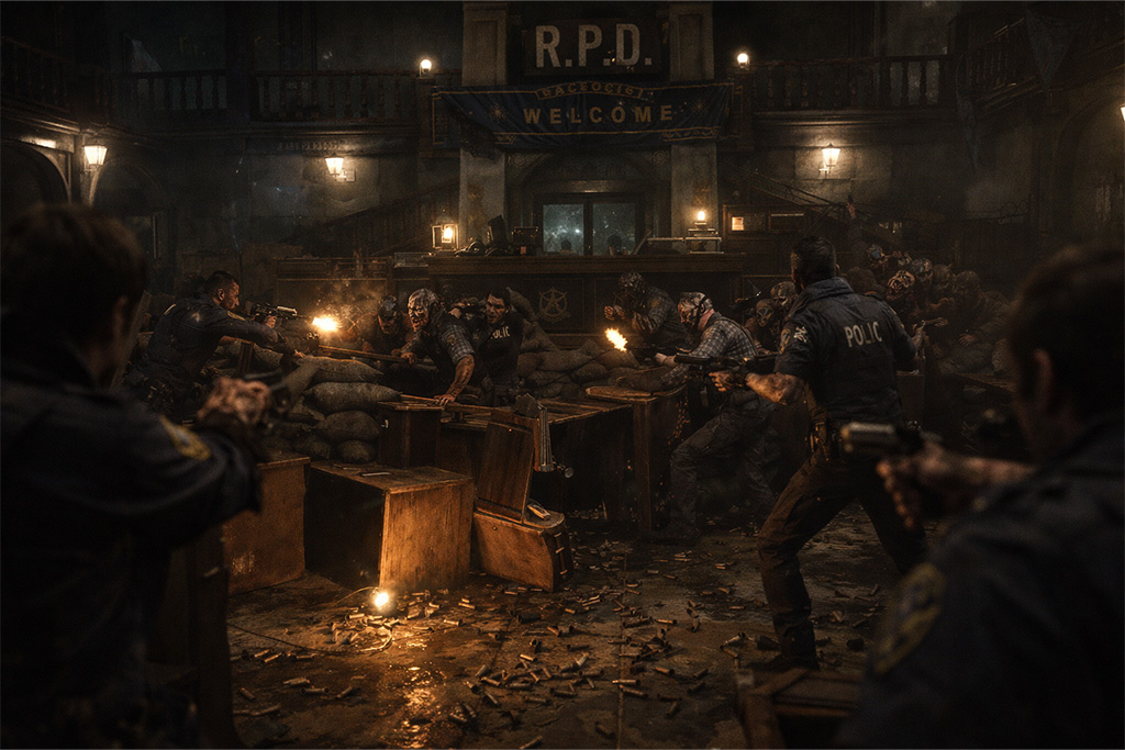 Policajci u RPD glavnoj hali brane barikade od zombija tokom epidemije u Raccoon Cityju, događaj povezan sa tajnama NEST laboratorije u okviru Resident Evil timeline priče.