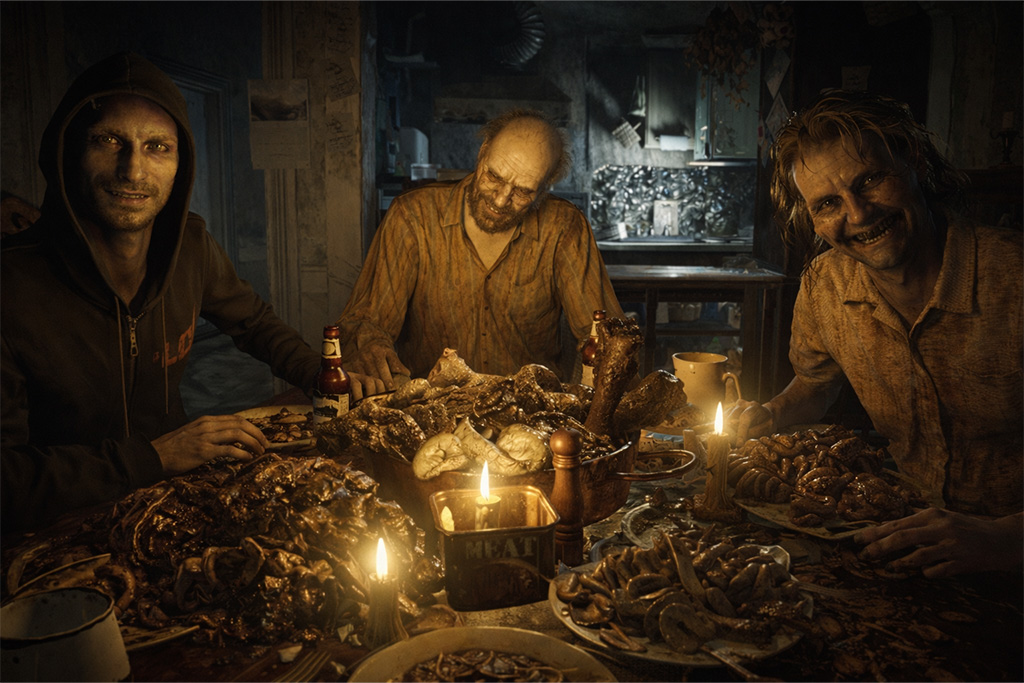 Resident evil bioterorizam baker porodica za stolom u resident evil timeline, izobličeni članovi porodice i trula hrana u resident evil bioterorizam sceni