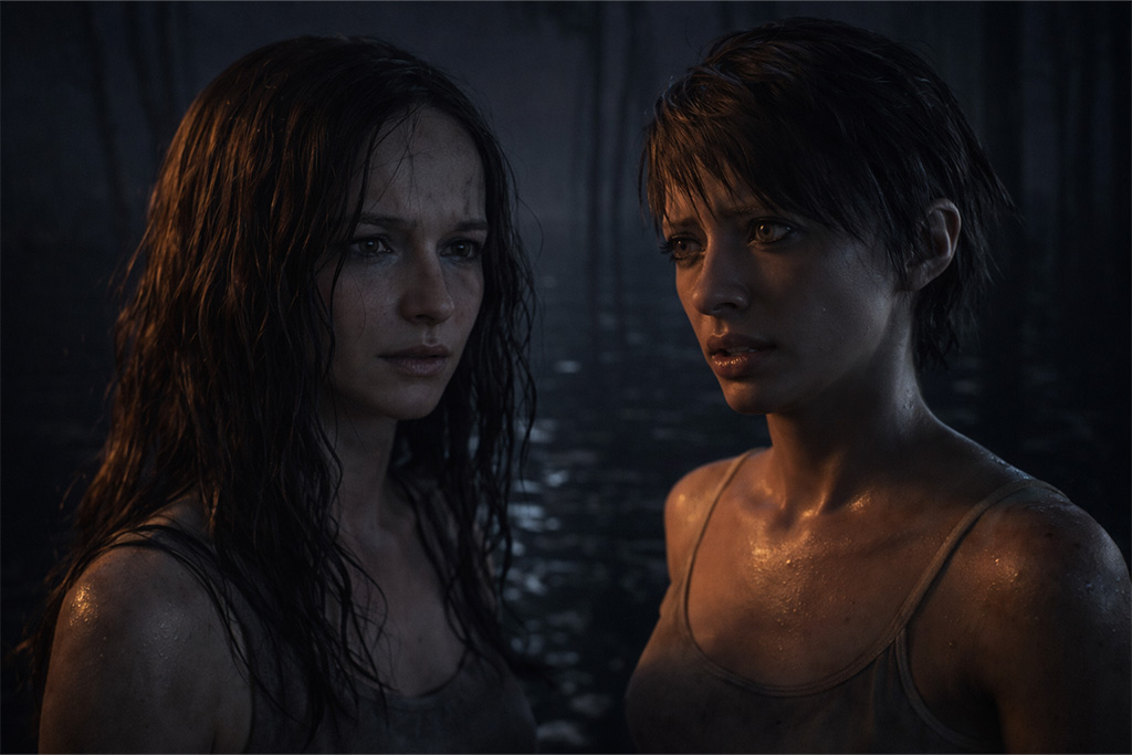 Resident evil izbor između mie i zoe u resident evil timeline, mia i zoe stoje u mračnoj močvari sa emocionalnom tenzijom i teškom odlukom