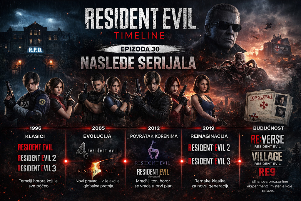 Resident Evil nasleđe prikaz kroz evoluciju serijala, kultni likovi i timeline razvoja u Crimson Desert stilu vizuelnog prikaza