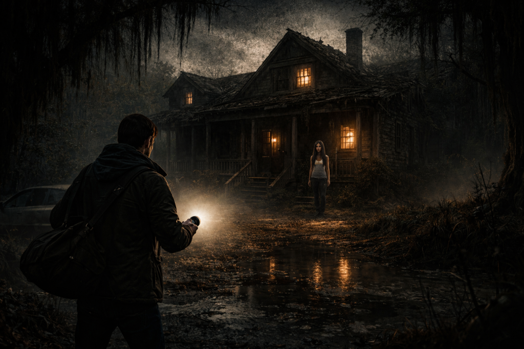 Resident Evil timeline prikaz Baker incidenta kroz izolovanu kuću u Louisiani, mračna atmosfera i početak horora u Resident Evil timeline narativu