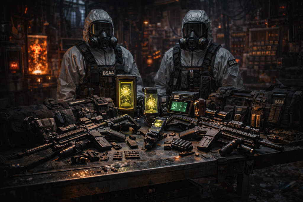 Resident Evil timeline prikaz BSAA anti B.O.W. taktičke opreme sa specijalnim puškama, hazmat odelima i virus skenerima u biohazard laboratoriji