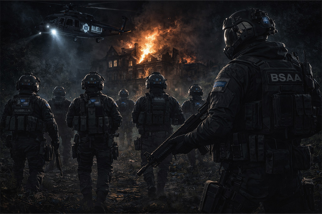 BSAA i Blue Umbrella vojnici u naprednim taktičkim odelima tokom Baker incidenta, Resident Evil timeline intervencija, Resident Evil timeline specijalne jedinice u akciji