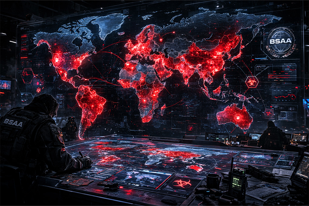 Holografska mapa sveta u BSAA komandnom centru prikazuje globalna bio-teroristička žarišta i širenje virusa tokom Resident Evil timeline BSAA formiranje perioda nakon incidenata poput Raccoon City katastrofe. Holografska mapa koja prati biohazard incidente od Arklay Mountains i Raccoon City katastrofe do globalnih žarišta tokom Resident Evil timeline BSAA formiranje.