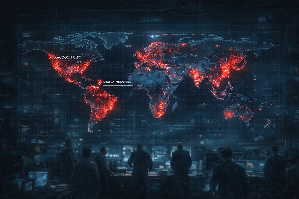 Holografska mapa sveta u BSAA komandnom centru prikazuje globalna biohazard žarišta uključujući Raccoon City i Arklay Mountains tokom Resident Evil timeline BSAA formiranje događaja i početka međunarodne borbe protiv bioterorizma