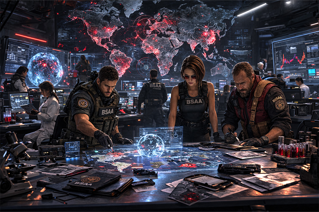SAA globalni komandni centar sa holografskom mapom sveta koja prikazuje biohazard žarišta dok operativci i naučnici analiziraju podatke tokom Resident Evil timeline BSAA formiranje događaja. BSAA komandni centar prati biohazard incidente od Arklay Mountains i Raccoon City katastrofe do globalnih žarišta tokom Resident Evil timeline BSAA formiranje.